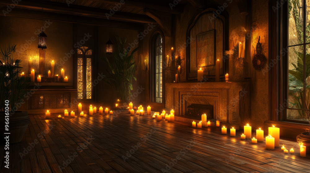 A warm, inviting room filled with the soft glow of burning candles. A warm, inviting room filled with the soft glow of burning candles.