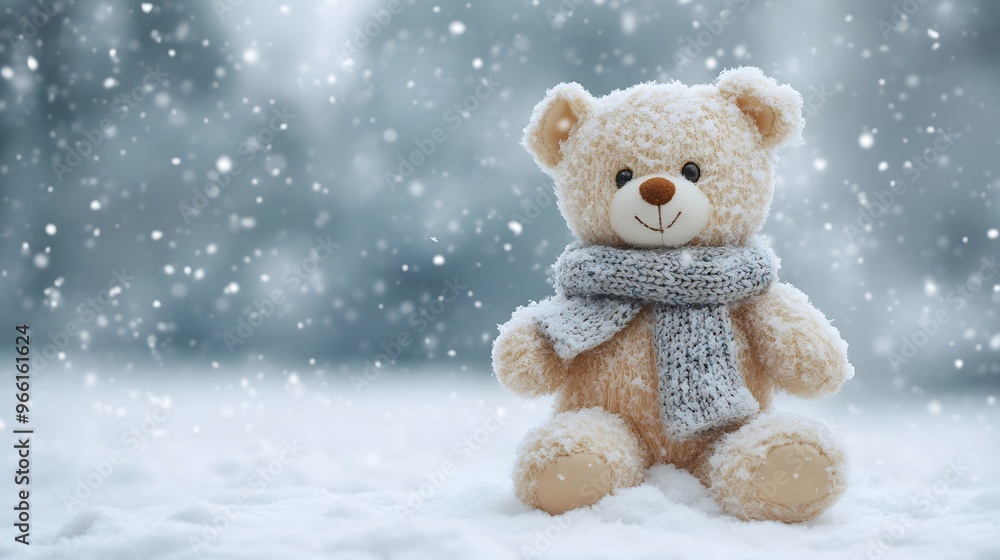 A Plush Teddy Bear in the Snow Wearing a Knit Scarf A Plush Teddy Bear in the Snow Wearing a Knit Scarf