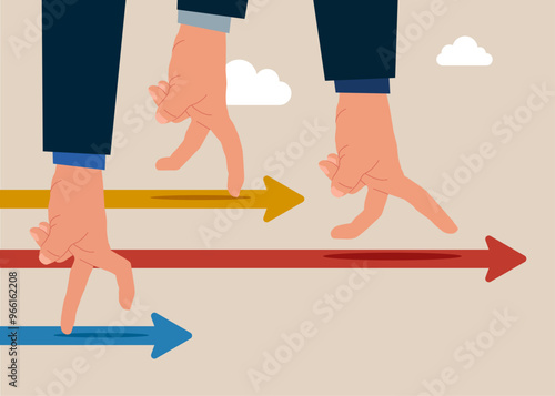 Business rivalry against competitors to increase sales for victory, performance compare to other employees concept, hands people compete running on arrow racetrack.