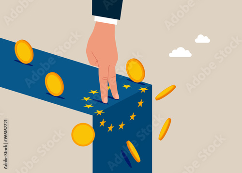 European Union economy collapse. Hand human falling from stack of unstable money.  Symbol of crisis, recession, downfall and stock market crash.