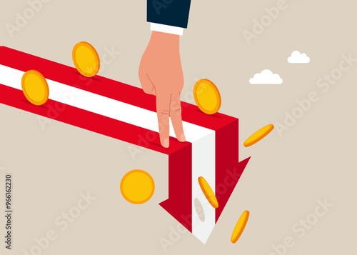 Austria economy collapse. Financial instability and stock market crash. Hand human falling from stack of unstable money. Vector illustration.
