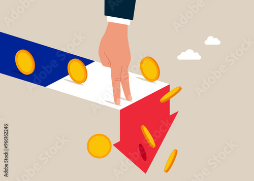France economy collapse. Financial instability and stock market crash. Hand falling from stack of unstable money. Flat vector illustration.