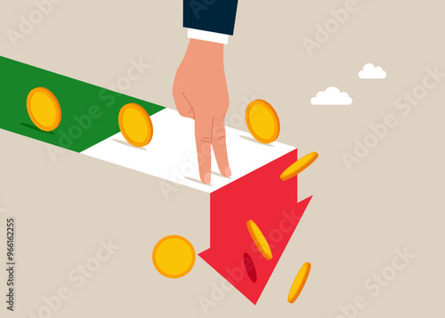 Italy economy collapse. Financial instability and stock market crash. Hand human falling from stack of unstable money. Vector illustration.