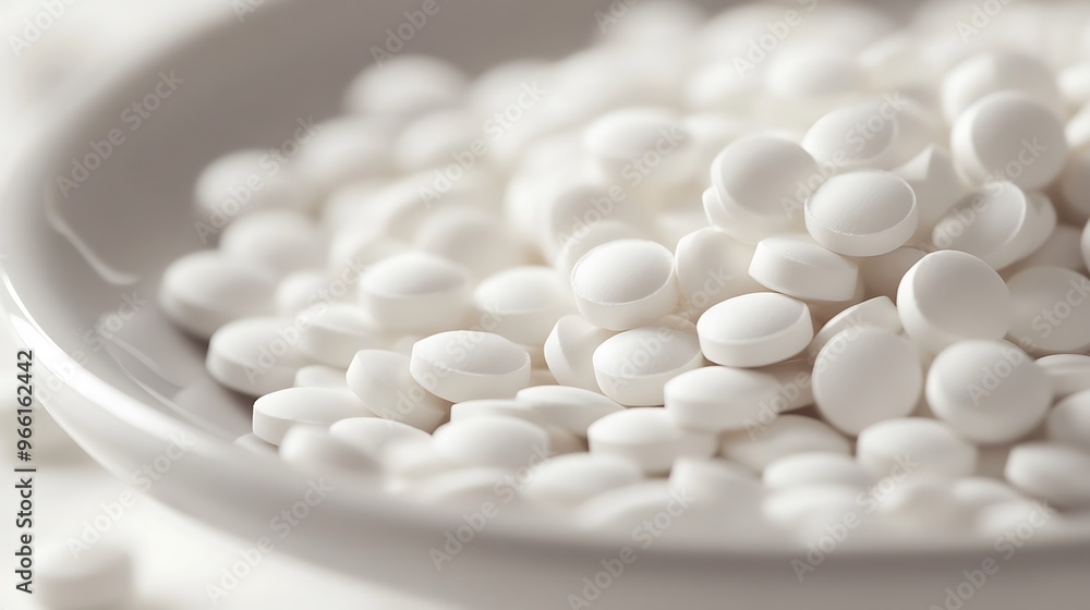Detail of White Calcium Tablets Scattered on Clean Ceramic Dish - High-Resolution Realistic Image of Health Supplements Detail of White Calcium Tablets Scattered on Clean Ceramic Dish - High-Resolution Realistic Image of Health Supplements
