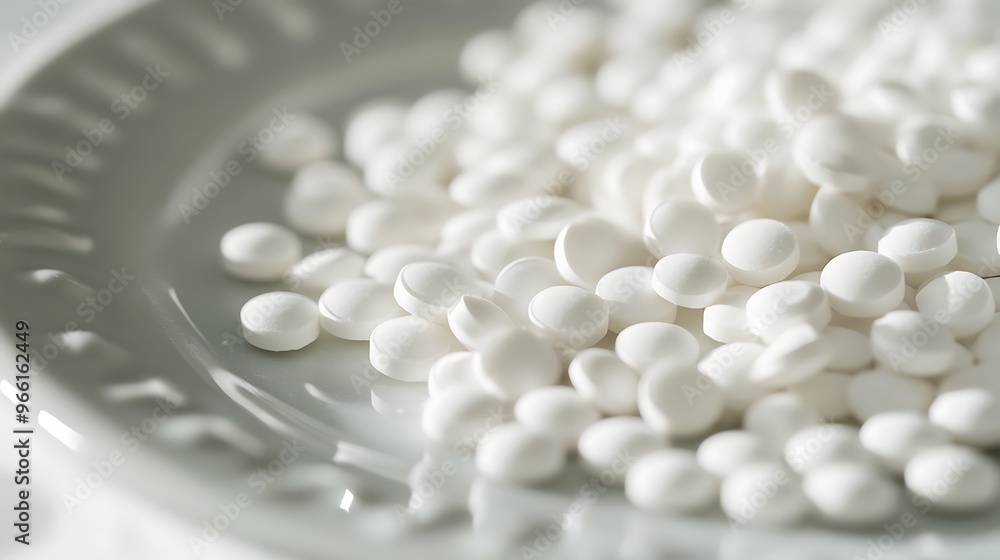 Detailed Close-up of White Calcium Tablets Scattered on Clean Ceramic Dish, High-Resolution Image of Realistic Nutritional Supplements Detailed Close-up of White Calcium Tablets Scattered on Clean Ceramic Dish, High-Resolution Image of Realistic Nutritional Supplements