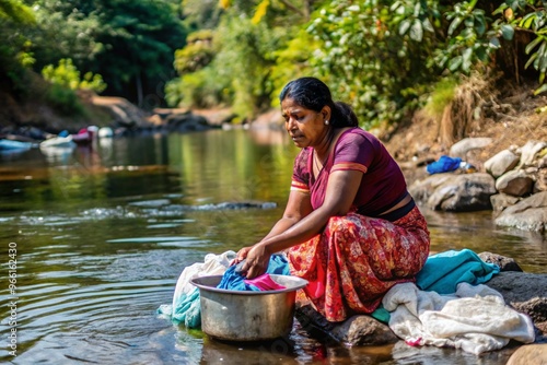 A village woman showring in a river photo