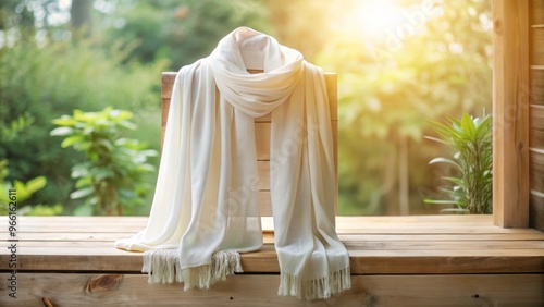 Elegant, modern white stole draped over a blank wooden mockup, waiting to be embellished, set against a soft, photo