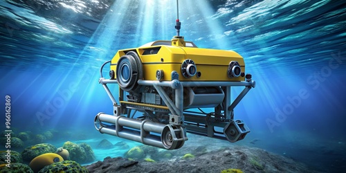 3D Render of a Yellow Underwater Remotely Operated Vehicle, Sunbeams, Ocean Floor, ROV, underwater vehicle, ocean exploration