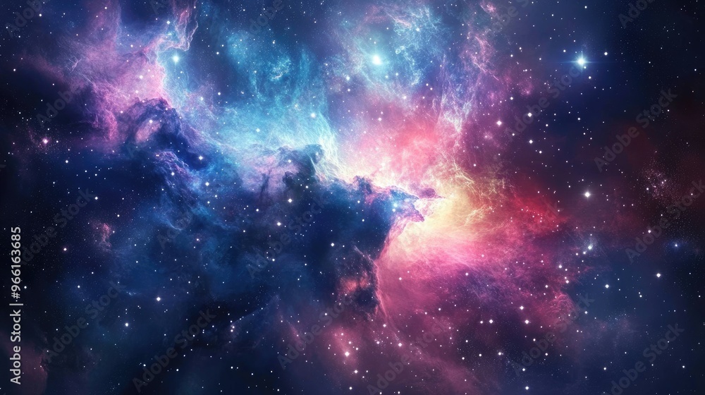 Obraz premium Dreamy view of a space nebula with radiant starlight and deep hues of blues, purples, and pinks representing galactic wonder.