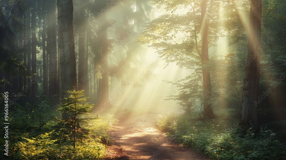 Fototapeta premium A tranquil forest path shrouded in fog, with beams of sunlight creating a mystical and enchanting scene
