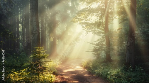 A tranquil forest path shrouded in fog, with beams of sunlight creating a mystical and enchanting scene