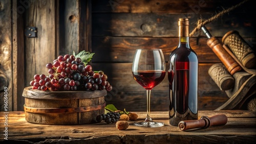 Elegant wine bottle and glass on a rustic wooden table surrounded by vintage wine-making tools and a dimly photo