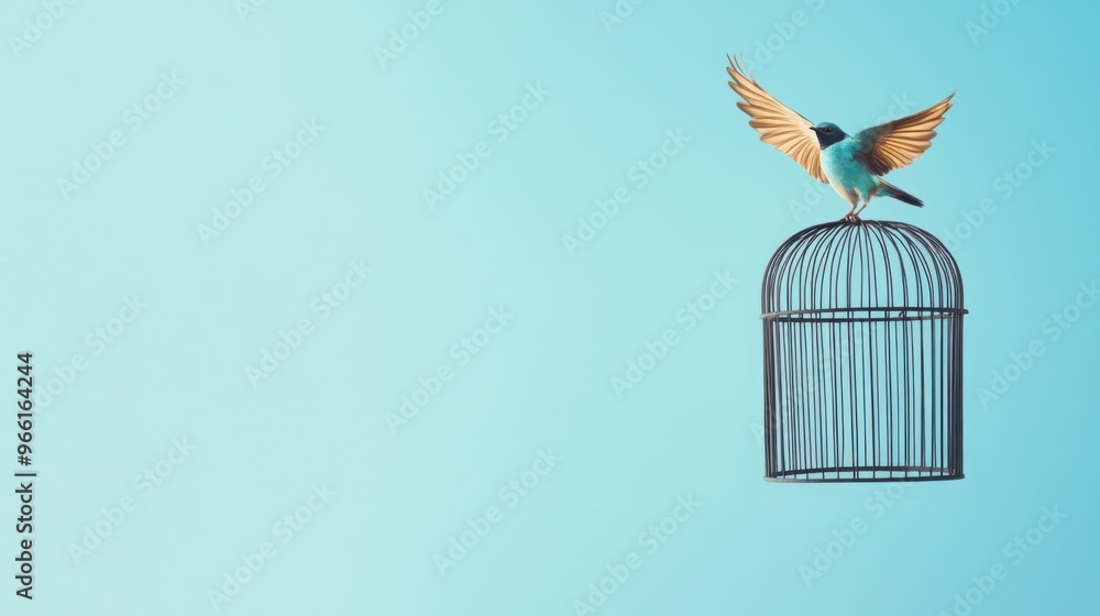 Fototapeta premium A bird flying away from an empty birdcage, [freedom], [metaphor for loss]