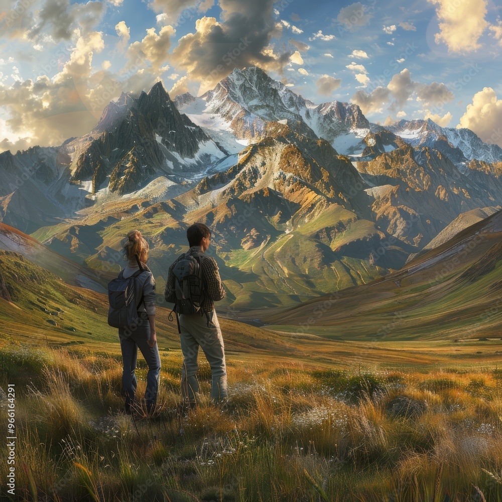 Two Tourists Look at Mountains, beautiful landscape Two Tourists Look at Mountains, beautiful landscape