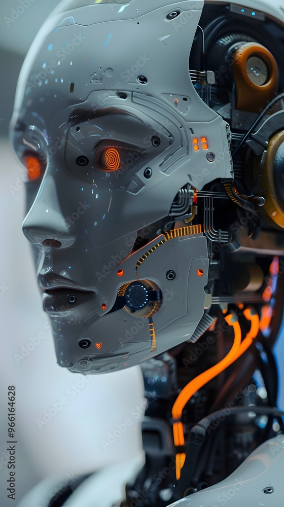 Close-up of a robot's face with exposed circuitry and glowing orange eye Close-up of a robot's face with exposed circuitry and glowing orange eye
