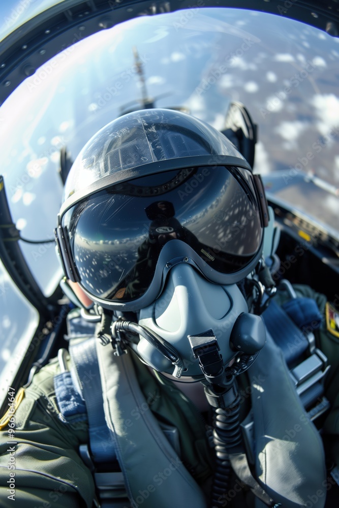 A pilot in a fighter jet cockpit, wearing a helmet and oxygen mask, taking a selfie. The cockpit features various instruments and displays, with a view of the sky and clouds outside. A pilot in a fighter jet cockpit, wearing a helmet and oxygen mask, taking a selfie. The cockpit features various instruments and displays, with a view of the sky and clouds outside.