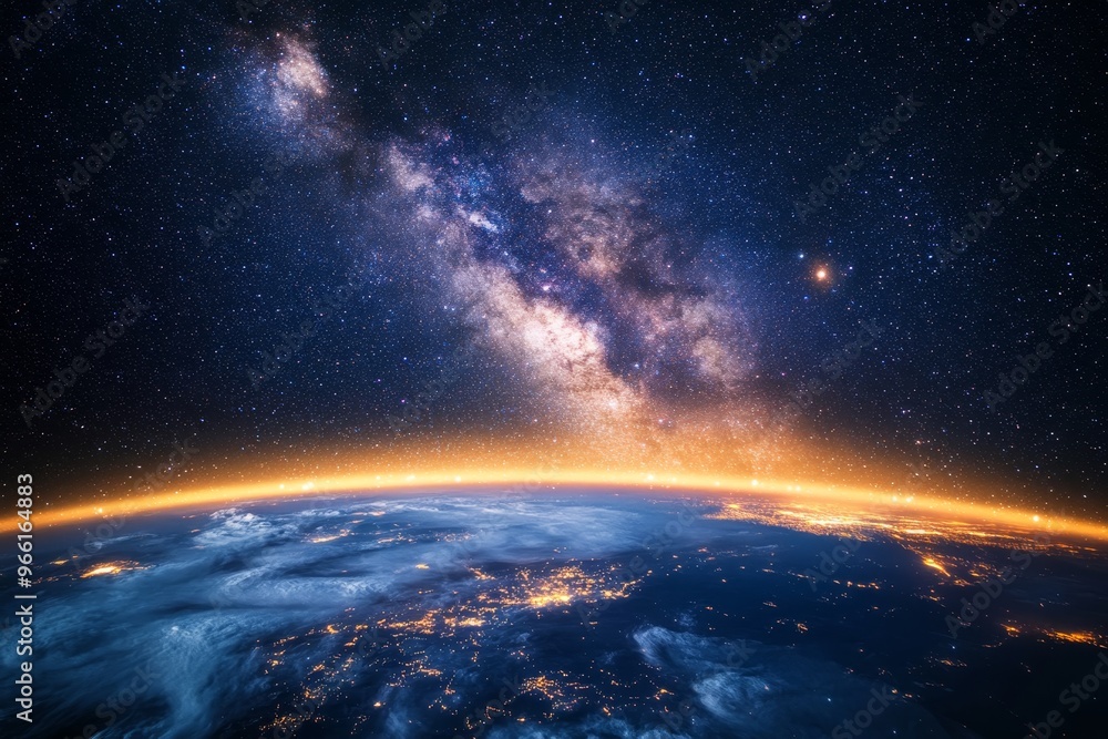 A mesmerizing view of Earth at night with the Milky Way galaxy in the background, showcasing the beauty of our planet and the vastness of space. A mesmerizing view of Earth at night with the Milky Way galaxy in the background, showcasing the beauty of our planet and the vastness of space.