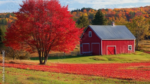 bright red barn and bright red foliage at a Maine farm