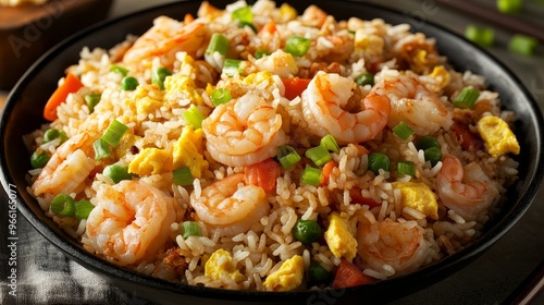 A bowl of shrimp fried rice with vegetables and scrambled eggs, showcasing a delicious and colorful meal.