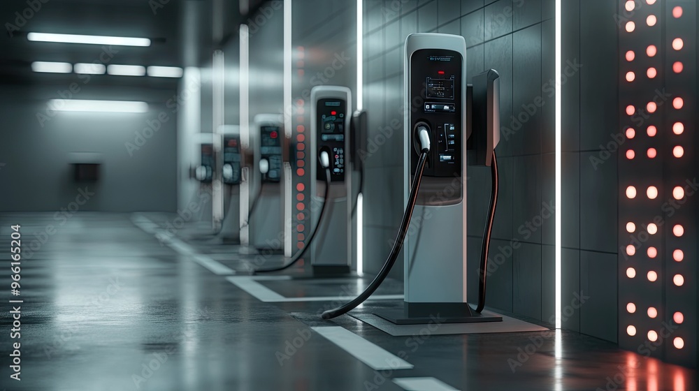 Futuristic EV battery charger station on a futuristic grid backdrop, emphasizing modern technology in a monochromatic setting. Futuristic EV battery charger station on a futuristic grid backdrop, emphasizing modern technology in a monochromatic setting.