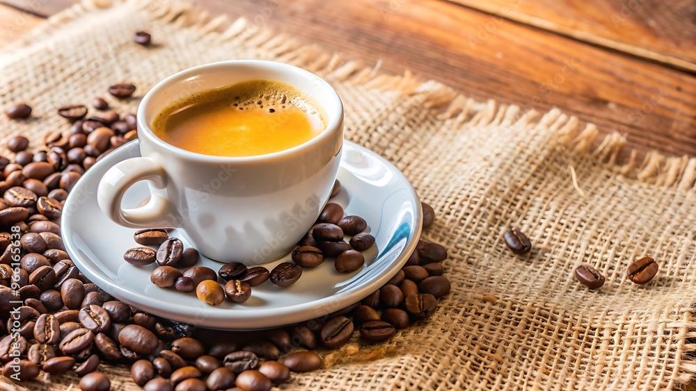 Obraz premium Espresso Coffee Cup With Beans On Vintage Table
