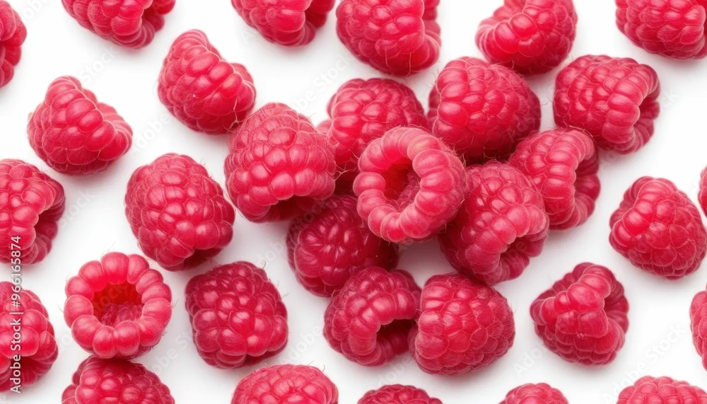 Fresh Red Raspberries Scattered on White Background Fresh Red Raspberries Scattered on White Background