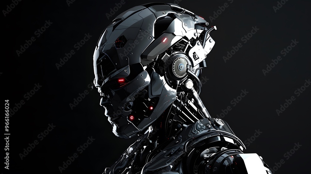 Close-up of a Futuristic Black Robot's Head with Red Lights Close-up of a Futuristic Black Robot's Head with Red Lights