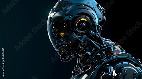 Close-up of a futuristic robot's head with glowing lights