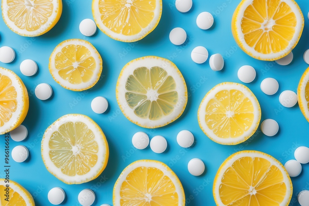 A blue background with a bunch of lemons and pills A blue background with a bunch of lemons and pills
