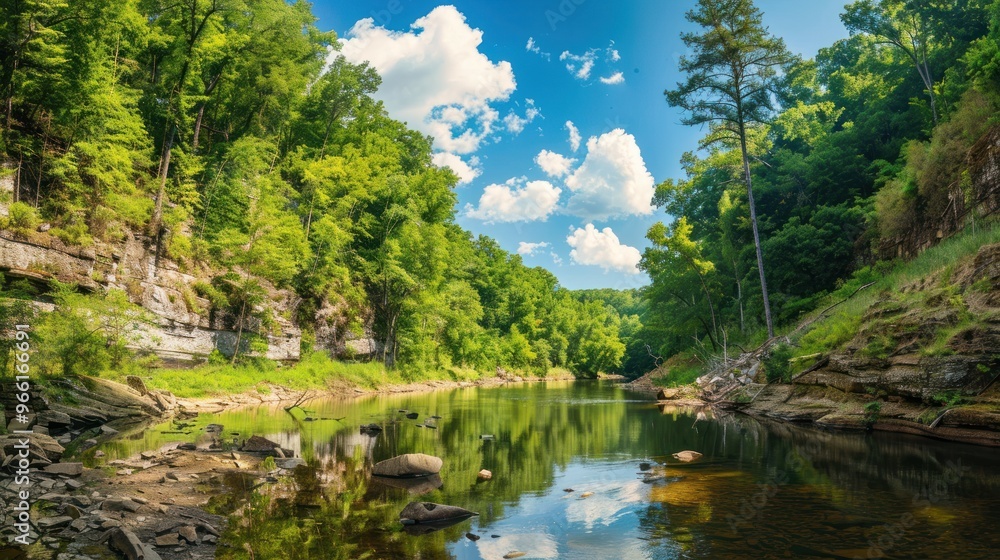 Serene River Landscape in a Lush Green Forest Serene River Landscape in a Lush Green Forest