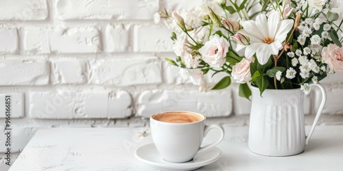 White Table with Flower Bouquet, Coffee Cup on White Brick Wall Background, Morning Greeting Card