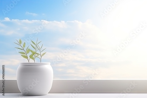 White Pot on Window Sill Background, Sun Morning Mockup, House Windows Banner with Copy Space