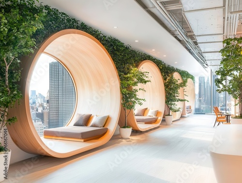 Innovative office with sleep pods and relaxation areas photo