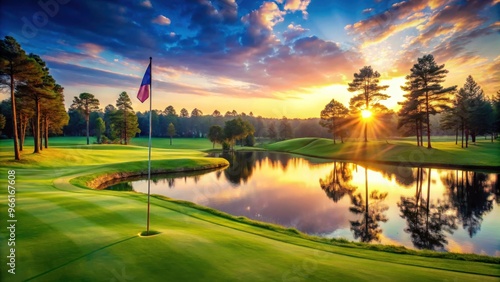 Fototapeta Naklejka Na Ścianę i Meble -  Panoramic view of a stunning golf course at sunset with lush pines, fairway, green hole, flag, and sparkling lake