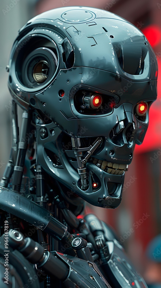 Obraz premium Close-up of a Robotic Skull with Red Glowing Eyes