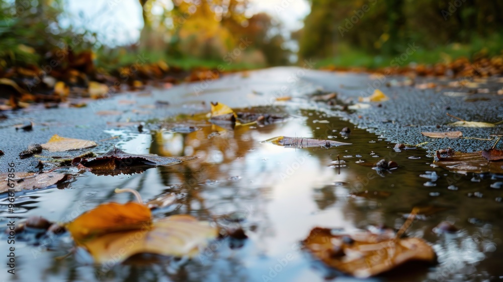Fototapeta premium A road with leaves on it and a reflection of the leaves in the water