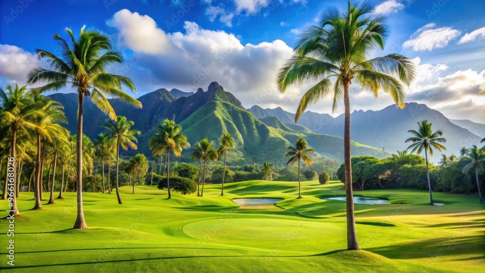Scenic golf course on Kauai with lush palm trees in the background Scenic golf course on Kauai with lush palm trees in the background