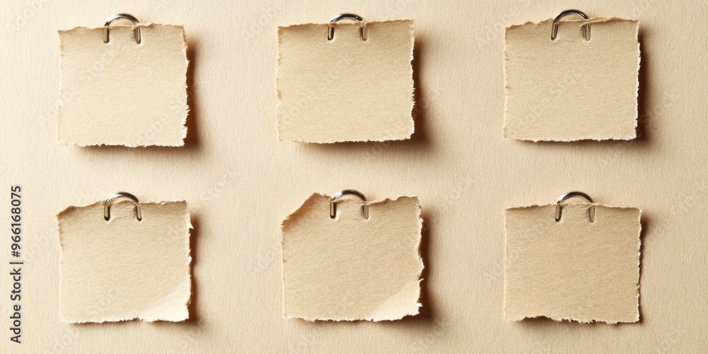 Fototapeta premium Creative Office Supplies Collage: Vintage Sticky Notes, Torn Labels, and Pushpins on Retro Background. Abstract Business Communication Concept for Marketing Campaigns and 4K Wallpapers.