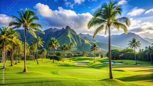 Scenic golf course on Kauai with lush palm trees in the background