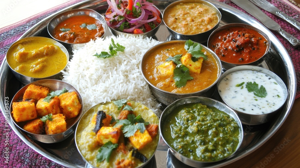 A colorful thali platter featuring a variety of Indian dishes including dal, paneer curry, vegetable sabzi, and rice, arranged on a traditional metal plate with vibrant colors. A colorful thali platter featuring a variety of Indian dishes including dal, paneer curry, vegetable sabzi, and rice, arranged on a traditional metal plate with vibrant colors.