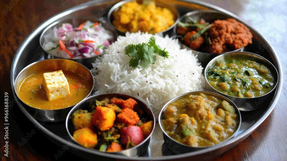 A colorful thali platter featuring a variety of Indian dishes including dal, paneer curry, vegetable sabzi, and rice, arranged on a traditional metal plate with vibrant colors. A colorful thali platter featuring a variety of Indian dishes including dal, paneer curry, vegetable sabzi, and rice, arranged on a traditional metal plate with vibrant colors.