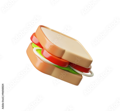 Vector 3D illustration of a sandwich with slices of white bread, lettuce, onion and tomato.