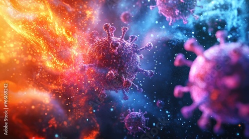 A conceptual image of virus particles being neutralized by an immune response, with vibrant colors and visual effects illustrating the battle between pathogens and immunity.