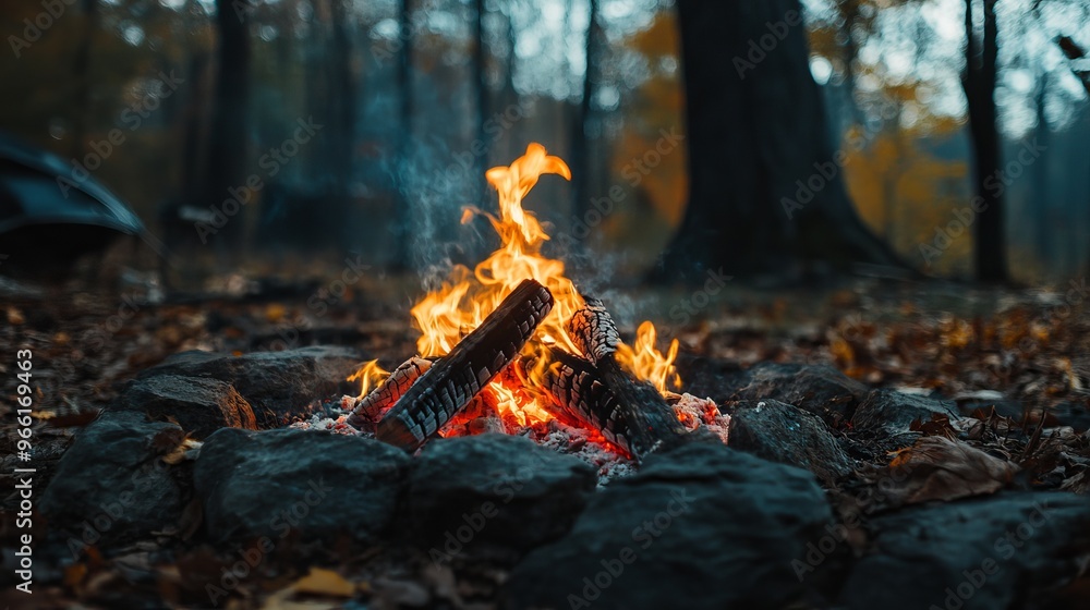 Closeup of glowing outdoor campfire in fall Closeup of glowing outdoor campfire in fall
