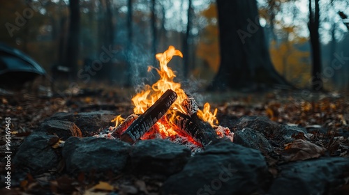 Closeup of glowing outdoor campfire in fall