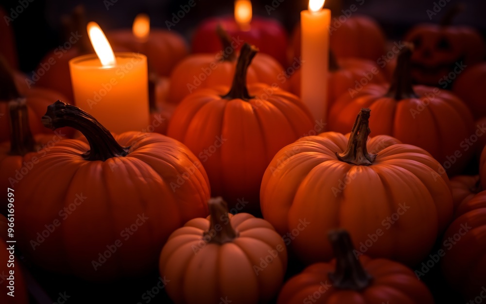 Warm orange pumpkins and flickering candlelight create a cozy autumnal scene perfect for Halloween and Thanksgiving celebrations.
Warm orange pumpkins and flickering candlelight create a cozy autumnal scene perfect for Halloween and Thanksgiving celebrations.