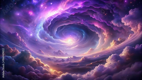 Ethereal, swirling clouds of deep purple hues envelop a shimmering, iridescent mist, evoking an otherworldly, photo