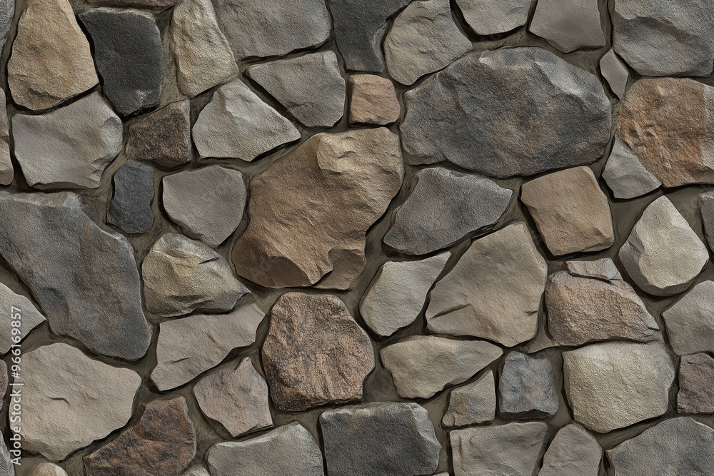 A textured wall made of various sizes and shapes of natural stones in earthy tones, creating a rustic and organic appearance. A textured wall made of various sizes and shapes of natural stones in earthy tones, creating a rustic and organic appearance.