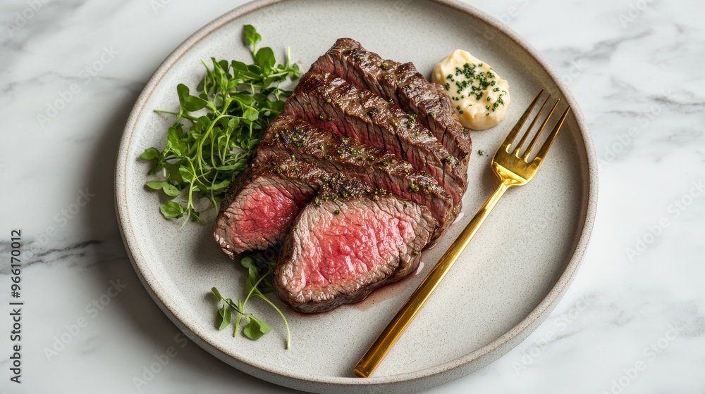 A gourmet steak served with fresh greens and a dollop of herb butter on a stylish plate. A gourmet steak served with fresh greens and a dollop of herb butter on a stylish plate.