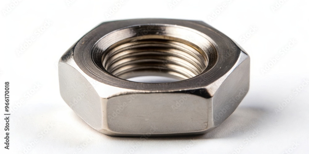Close-up of a high-quality stainless steel hexagon nut for the mechanical industry Close-up of a high-quality stainless steel hexagon nut for the mechanical industry
